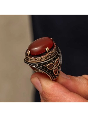 Inure Jewelry Gümüş Kırmızı Akik Taşlı Erkek Yüzük