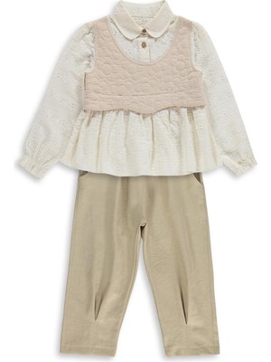 Obelia Kız Çocuk Süveterli Gömlek Pantolon Paçası Lastikli 2-5 Yaş Takım - Bej