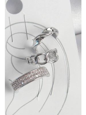 Uslucan Alışveriş Pirinç Gümüş Renk Zirkon Taşlı 3'lü Zincir Sarmal Model Kadın Kıkırdak Küpe