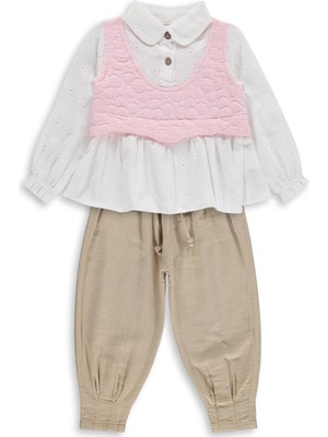 Obelia Kız Çocuk Süveterli Gömlek Pantolon Paçası Lastikli 2-5 Yaş Takım - Pembe