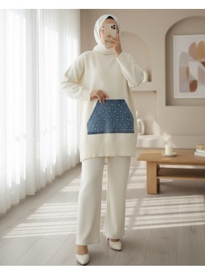 Modamorfo Kot Kanguru Cepli Triko Takım -Krem