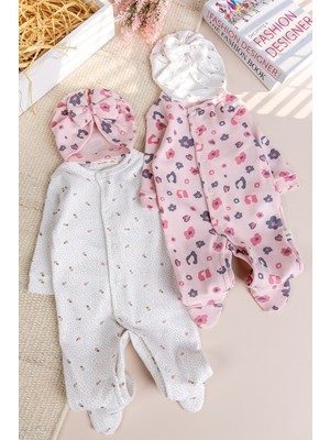 Babymod Çiçek Desenli Şapkalı 2'li %100 Kız Bebek Tulum