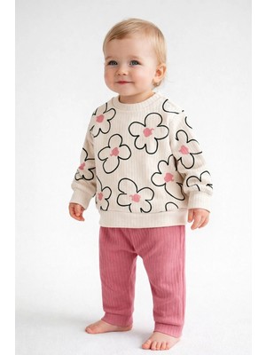 Dinamik çocuk Kız Bebek Büyük Çiçek Desenli 2’li Takım Sweatshirt ve Fitilli Tayt- 3-6-9-12AY