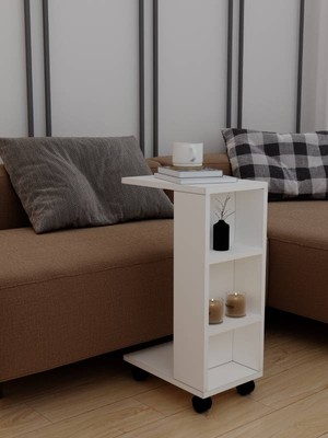 Alfimo Mobilya Mary Yan Sehpa Koltuk Yanı Tekerlekli C Sehpa Beyaz