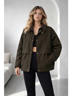 Kahverengi Oversize Kadife Yaka ve Çıtçıt Detaylı Unisex Mevsimlik Mont&ceket