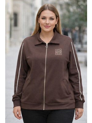 Rmg Büyük Beden Kolu Şeritli Oyşho Kumaş Sweatşhirt Kahverengi