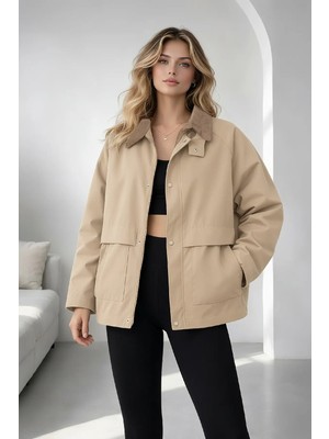 Taş Oversize Kadife Yaka ve Çıtçıt Detaylı Unisex Mevsimlik Mont&ceket