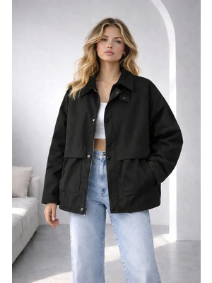 Siyah Oversize Kadife Yaka ve Çıtçıt Detaylı Unisex Mevsimlik Mont&ceket