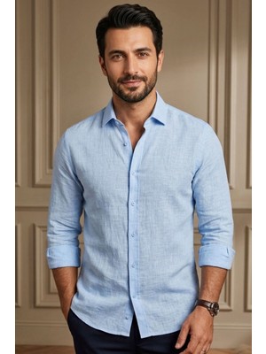 Zueofficial Erkek Bebe Mavisi Müslin Kumaş Klasik Yaka Gömlek – Uzun Kollu / Rahat Kesim