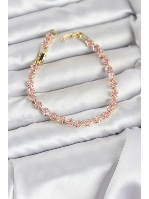 Luxdanet Pembe Kare Zirkon Taşlı Gold Renk Pirinç Su Yolu Kadın Bileklik