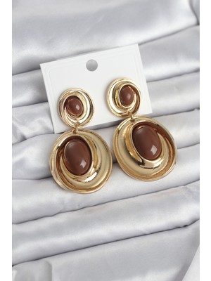 Luxdanet Kahverengi Sallantılı Damla Model Gold Renk Vintage Kadın Küpe