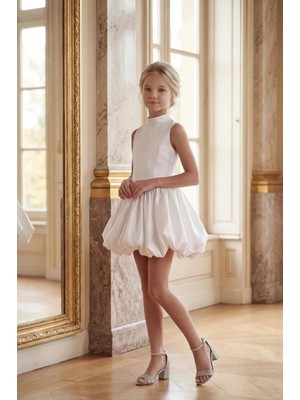 Kız Çocuk Abiye Beyaz Mini Balon Etek Prenses Model Halter Yaka Monaray  Kumaş Abiye Elbise  5-14 Yaş
