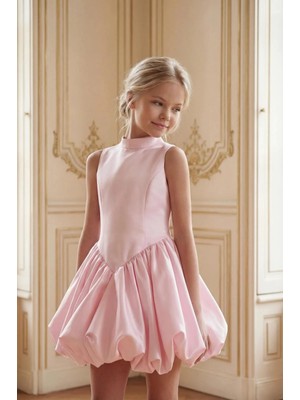 Kız Çocuk Abiye Pembe Mini Balon Etek Prenses Model Halter Yaka Monaray  Kumaş Abiye Elbise  5-14 Yaş