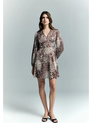 Sateen Desenli Mini Elbise - Kahve