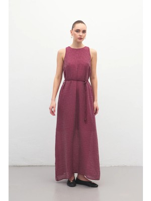 Sateen Kemer Detaylı Uzun Elbise - Mürdüm