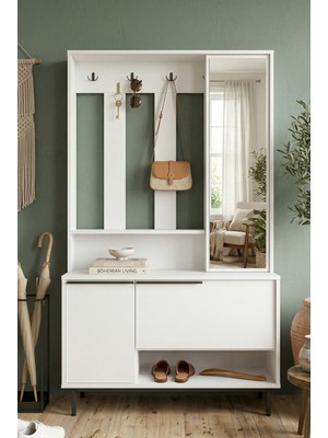 Robin Home Portmanto Vestiyer Ayakkabılık Aynalı Metal Ayaklı Beyaz