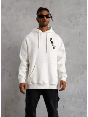 Unisex Kapşonlu Uzun Kol Baskılı Weetshirt  Beyaz