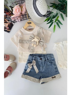 Miniğimin Cicileri Minigimin Cicileri Ayıcık Detaylı Kot Şortlu Kız Çocuk 3 Lü Takım - Yeşil