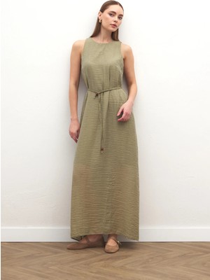 Sateen Kemer Detaylı Uzun Elbise - Haki
