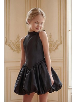Kız Çocuk Abiye Siyah Mini Balon Etek Prenses Model Halter Yaka Monaray  Kumaş Abiye Elbise  5-14 Yaş