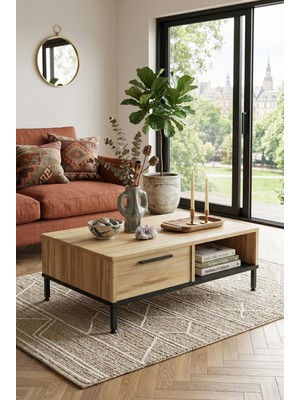 Robin Home Diego Orta Sehpa Metal Ayaklı Çekmeceli (Keçe-Siyah)