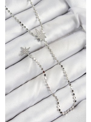 Uravas Store Pirinç Zirkon Taşlı Ezme Zincirli Kutup Yıldızı Model Gümüş Renk Y Kolye