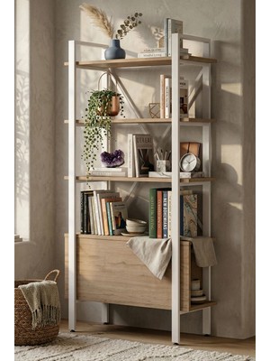 Robin Home Oslo Metal Kitaplık 5 Raflı 170 cm  Sepet-Beyaz