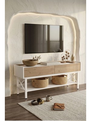 Robin Home Oslo Tv Ünitesi Sehpası Beyaz Metal Ayaklı 140 cm  Sepet-Beyaz