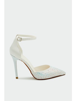 Laminta Talia Taş Detaylı Bilekten Bağlamalı Beyaz Saten Kadın Topuklu Ayakkabı - Beyaz Saten