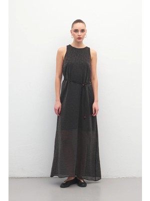 Sateen Kemer Detaylı Uzun Elbise - Siyah