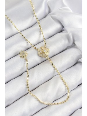 Uravas Store Pirinç Zirkon Taşlı Ezme Zincirli Madalyon Model Gold Renk Y Kolye