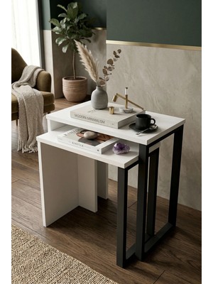 Robin Home Lidya 2'li Zigon Sehpa Yan Sehpa Metal Ayaklı Beyaz