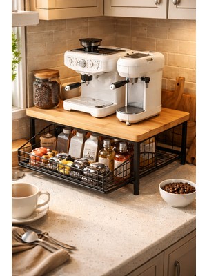 Mismuka Kahve Köşesi Düzenleyici Standı | Çekmeceli Çok Amaçlı Mutfak Tezgah Üstü Organizer Raf
