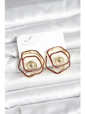 Uravas Store Pirinç Gold Renk Bordo Mineli Geometrik Gül Model Kadın Küpe