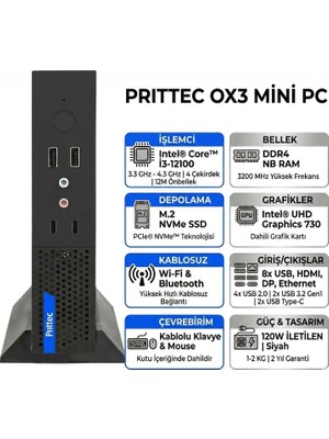 Prıttec Ox3 Intel Core I3-12100 8gb 512GB SSD Freedos Mini Pc Q7-TH610Lİ3121008