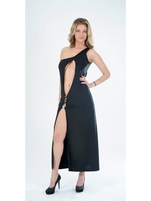 Hafif Giyim Siyah Fantezi Seksi Asimetrik Derin Yırtmaçlı Dekolteli Uzun Elbise HF112122