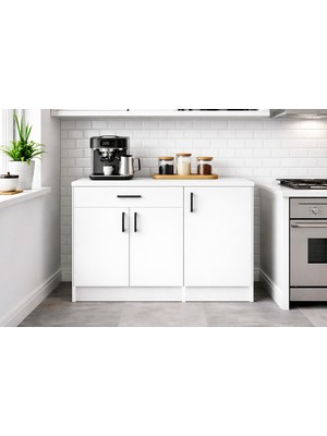 T Designo Siyam Alt Modülü-Çok Amaçlı Dolap -100 cm -3 Kapaklı 1 Çekmeceli -Laminat Beyaz Tezgah Dahil