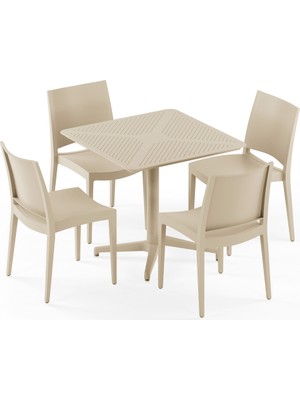 Tilia 4 Kişilik Polipropilen Masa Takımı Bej (Moon Katlanır Masa 80X80 cm + Specto Sandalye) - Bahçe, Balkon, Teras, Veranda, Havuz Başı, Dış Mekan, Kafe, Restoran, Otel İçin