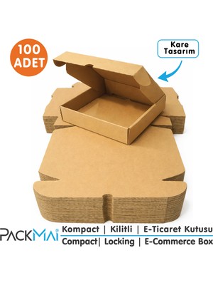 PackMai 17x17x4 cm Kraft Kilitli Karton Kutu 100 Adet | E-Ticaret Gönderi, Hediye ve Ürün Kutusu