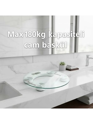 Uravas Store Yuvarlak Şeffaf Dijital Cam Baskül Tartı – 180 kg Taşıma Kapasitesi, Hassas Ölçüm, Tasarım Tera