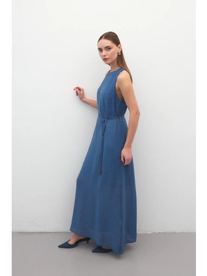 Sateen Kemer Detaylı Uzun Elbise - Indigo