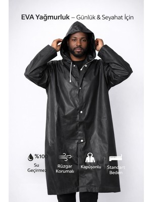 Uravas Store Su Rüzgar Geçirmez Siyah Eva Yağmurluk Kapüşonlu Çıtçıtlı Yetişkin Standart Beden