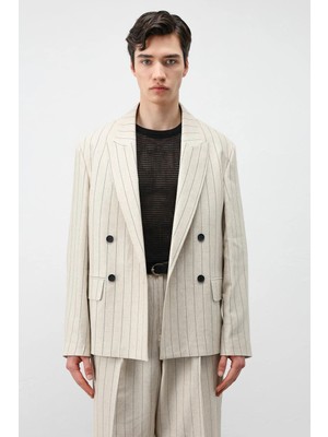 Antioch Natur Keten Karışımlı Çizgili Erkek Blazer Ceket