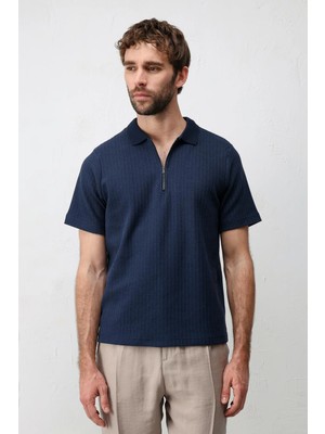 Antioch Lacivert Dokulu Örme Polo Yaka Erkek T-Shirt