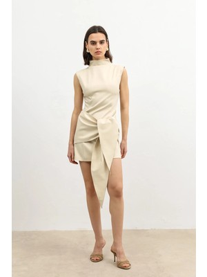 Antioch Ekru Kuşaklı Kadın Mini Elbise