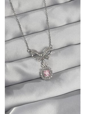 Uravas Store Çelik Gümüş Renk Fiyonk Detay Pembe Zirkon Taşlı Tektaş Kolye - TJ-BKO8923