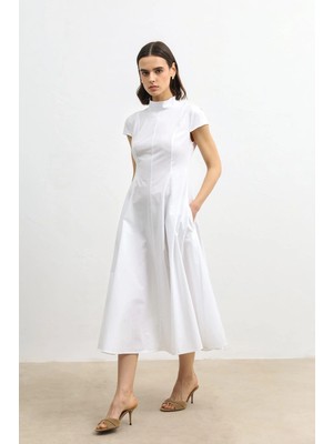 Antioch Beyaz Poplin Kadın Midi Elbise