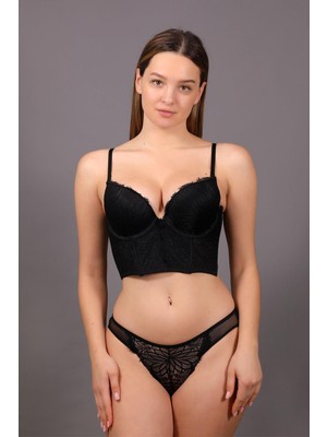 Cotonhause Kadın Push-Up Siyah Büstiyer Sütyen Takım – Dantelli Uzun Form C7T5N1433