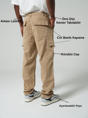 Maule Ayarlanabilir Paça, Beli Kısmi Lastikli, Rahat Fit, Esnek Gabardin Kargo Erkek Pantolon @kamer