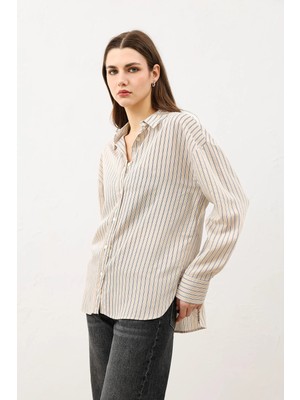 Antioch Bej Oversize Çizgili Kadın Gömlek
